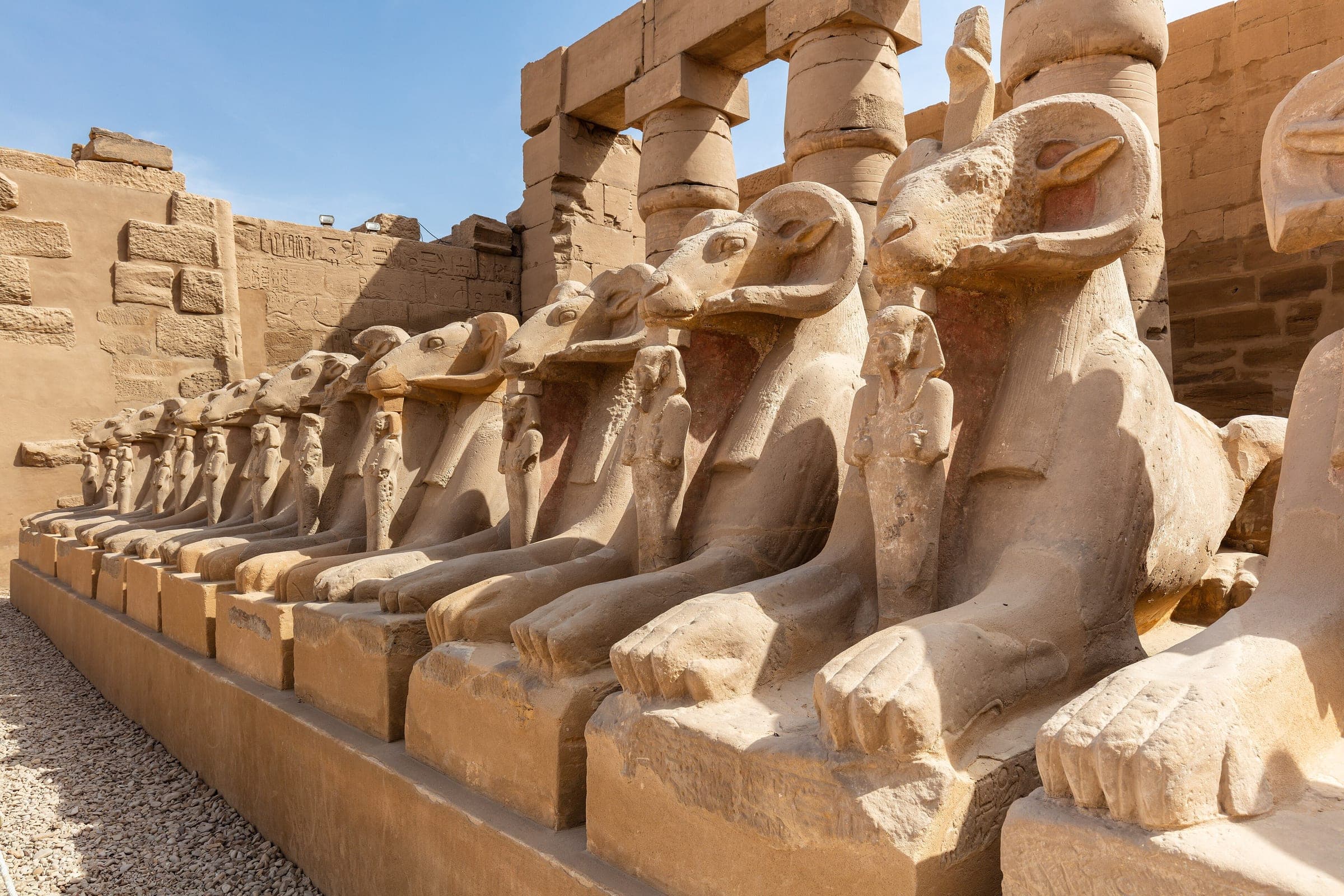 Allée de sphinx à tête de bélier, au temple de Karnak